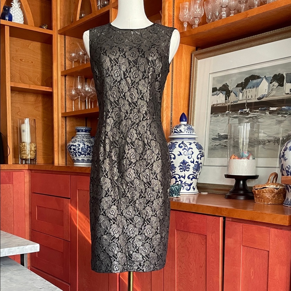 White House Black Market Black Pewter Floral Lace Midi Dress Gold Hues 0 - Picture 2 of 9